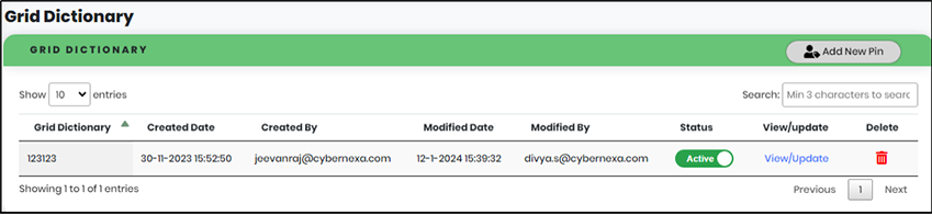 Grid Dictionary Screen - CyLock